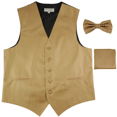 New Men's Formal Vest Tuxedo Waistcoat_bowtie & hankie set stripes mocca