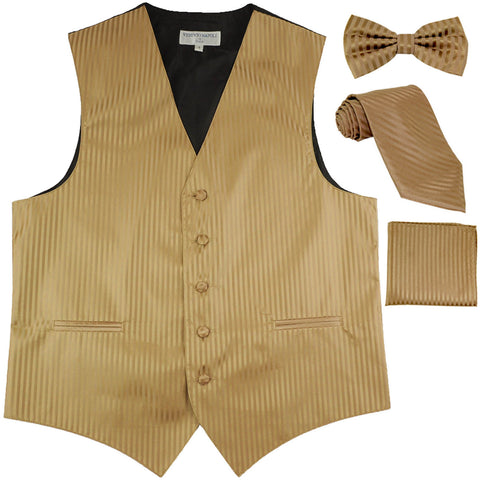 New Men's vertical stripes Tuxedo Vest Waistcoat & necktie & Bow tie & Hankie mocca