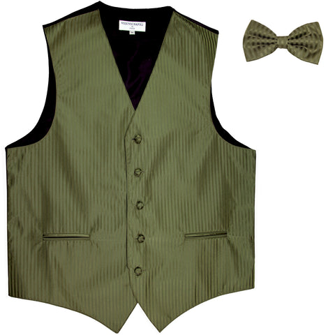 New Men's Vertical stripes tuxedo Vest Waistcoat _bowtie formal olive green