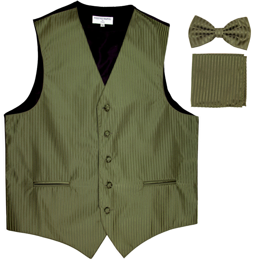 New Men's Formal Vest Tuxedo Waistcoat_bowtie & hankie set stripes olive green