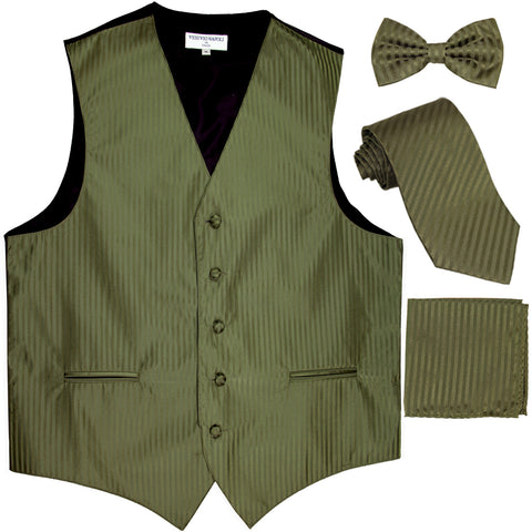 New Men's vertical stripes Tuxedo Vest Waistcoat & necktie & Bow tie & Hankie olive green