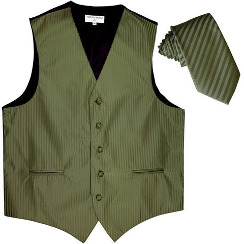 New Men's Vertical stripes tuxedo Vest Waistcoat & 2.5" Skinny Slim Tie formal olive green