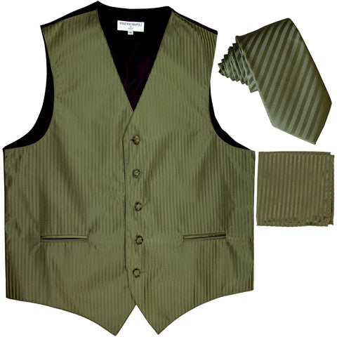 New Men's Formal Vest Tuxedo Waistcoat_2.5" vertical stripes slim necktie set wedding olive green