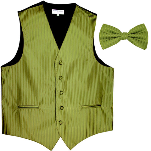 New Men's Vertical stripes tuxedo Vest Waistcoat _bowtie formal spinach green
