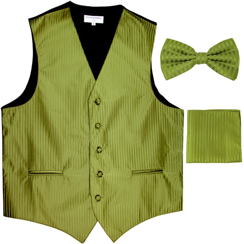 New Men's Formal Vest Tuxedo Waistcoat_bowtie & hankie set stripes spinach green