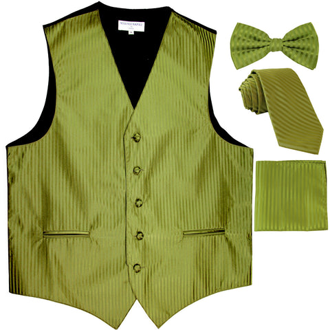New Men's vertical stripes Tuxedo Vest Waistcoat & necktie & Bow tie & Hankie spinach green