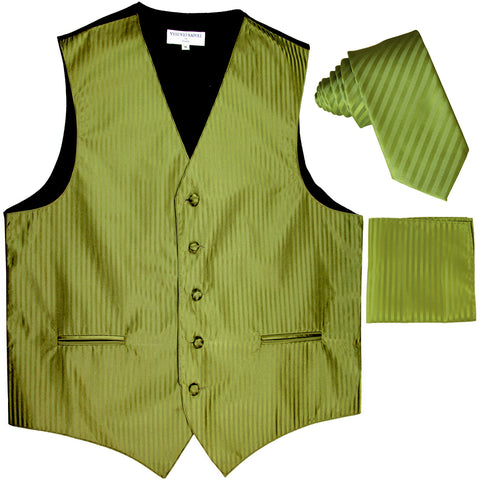 New Men's Formal Vest Tuxedo Waistcoat_2.5" vertical stripes slim necktie set wedding spinach green