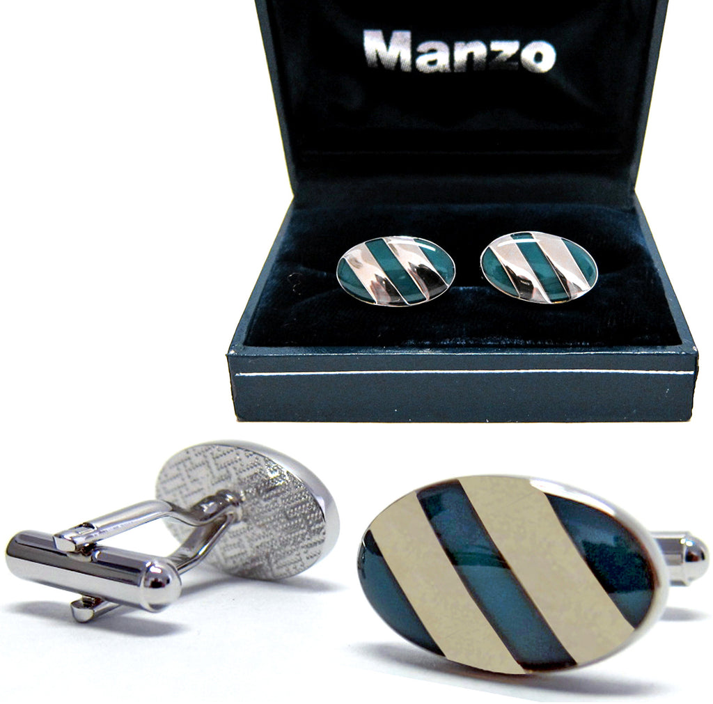 New Men's Cufflinks Cuff Link Oval Wedding Formal Prom Simple Blue Stripes #18